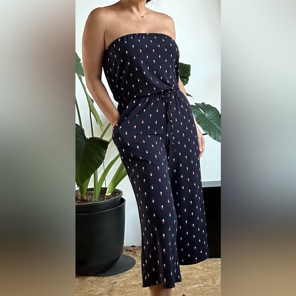 Veronica M Navy/white/red stretch culotte  Strapless Jumpsuit size S